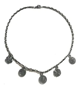 MINT. Vintage CHANEL skinny silver chain necklace with symbolic coin charms and black leather. Can be bracelet too. 060531r1