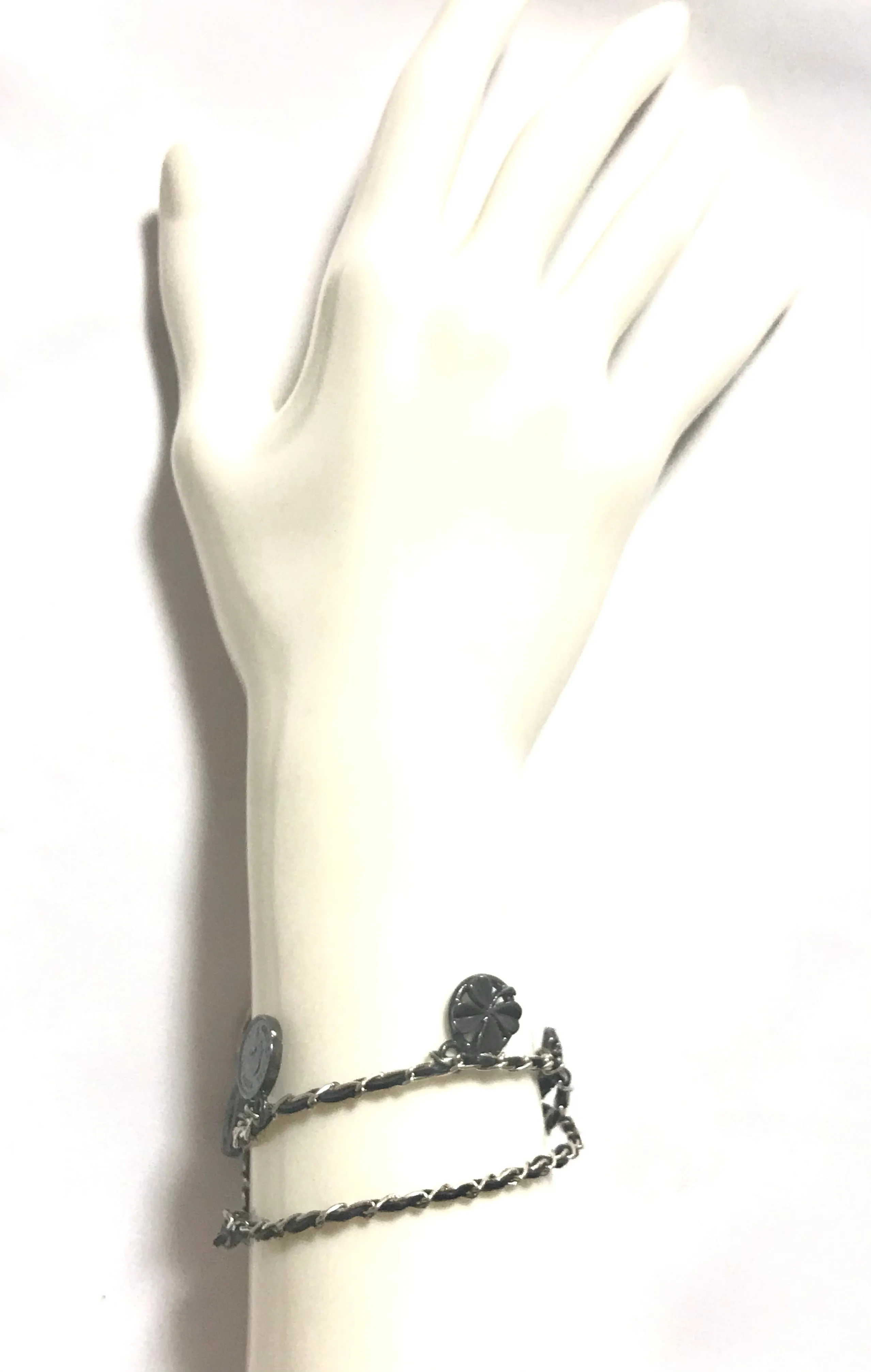 MINT. Vintage CHANEL skinny silver chain necklace with symbolic coin charms and black leather. Can be bracelet too. 060531r1