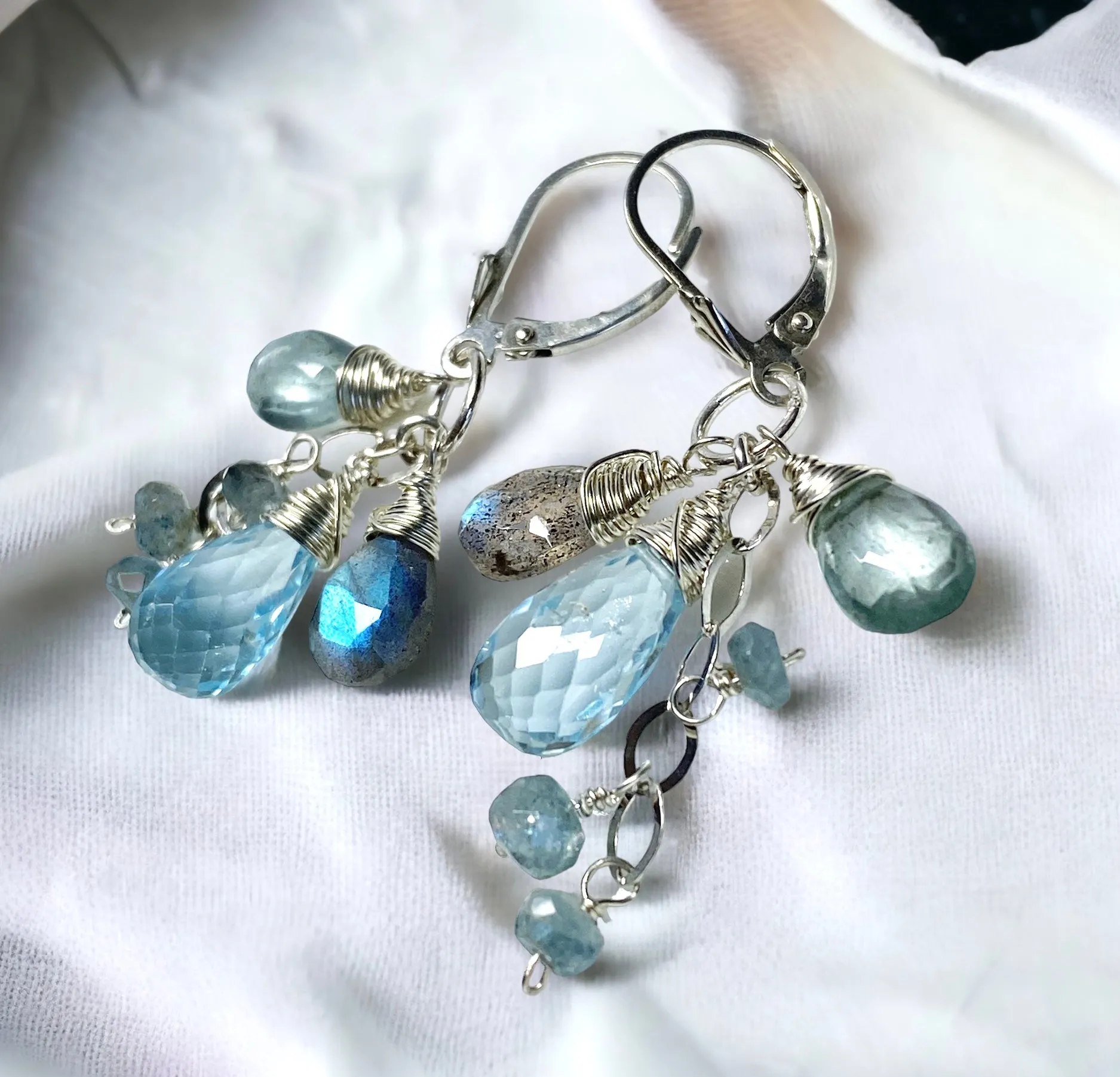 Moss Aquamarine, Blue Topaz, Labradorite Dangle Earrings Sterling Silver