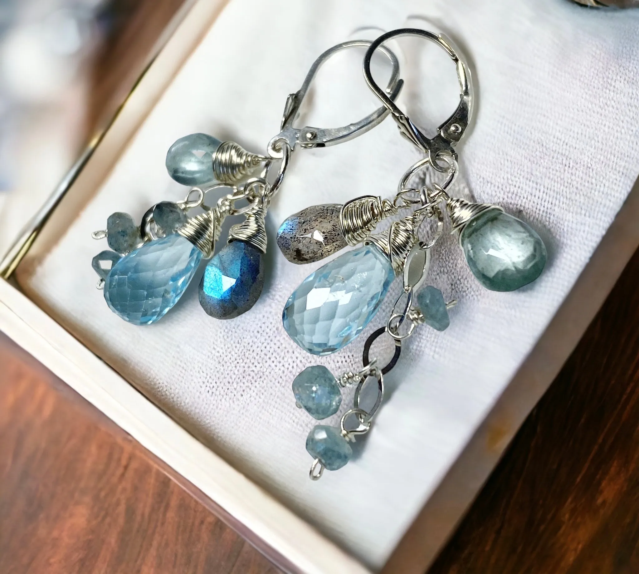 Moss Aquamarine, Blue Topaz, Labradorite Dangle Earrings Sterling Silver