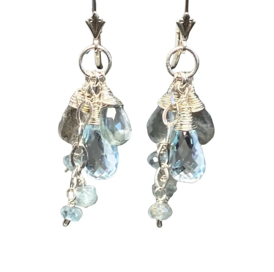 Moss Aquamarine, Blue Topaz, Labradorite Dangle Earrings Sterling Silver