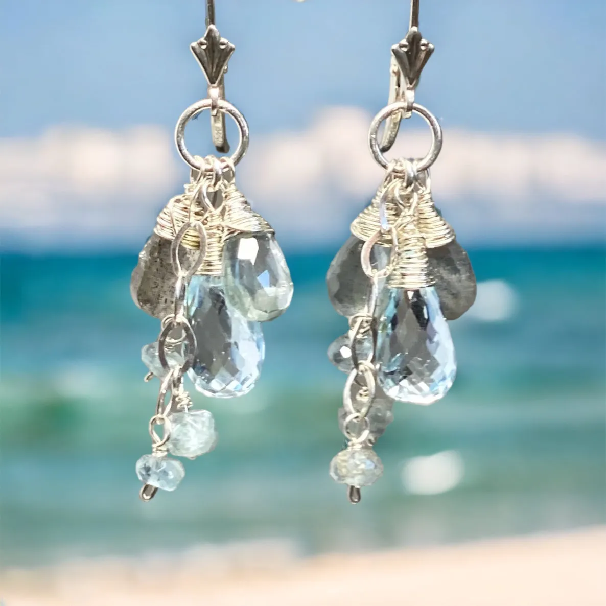 Moss Aquamarine, Blue Topaz, Labradorite Dangle Earrings Sterling Silver