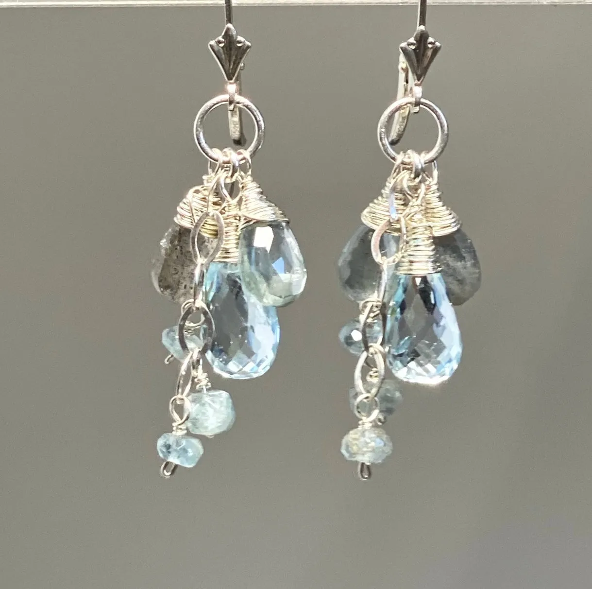 Moss Aquamarine, Blue Topaz, Labradorite Dangle Earrings Sterling Silver