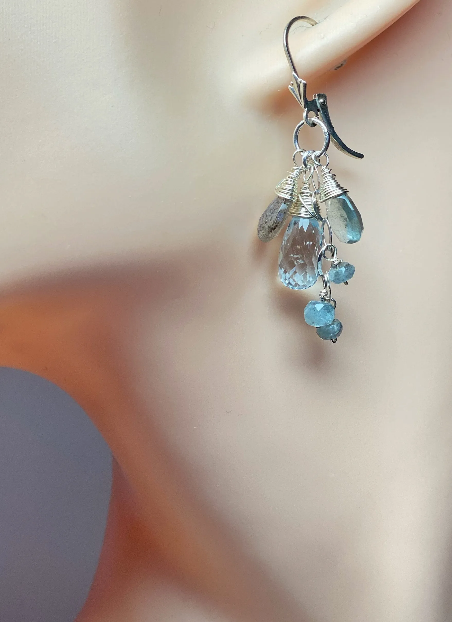 Moss Aquamarine, Blue Topaz, Labradorite Dangle Earrings Sterling Silver