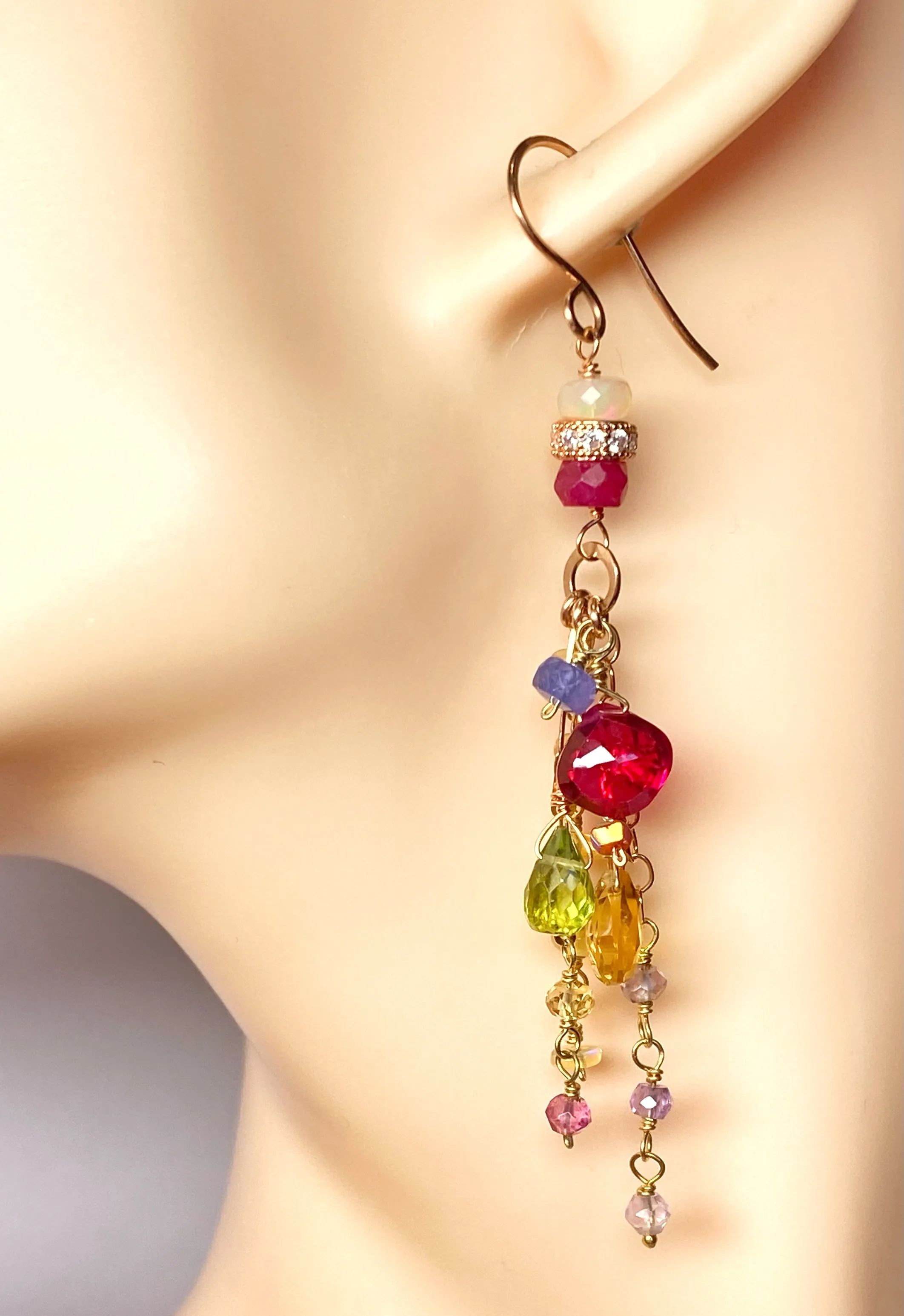 Multi-color Gemstone Long Chain Dangle Earrings Red Topaz Pink Sappire Citrine Opal Rose Gold