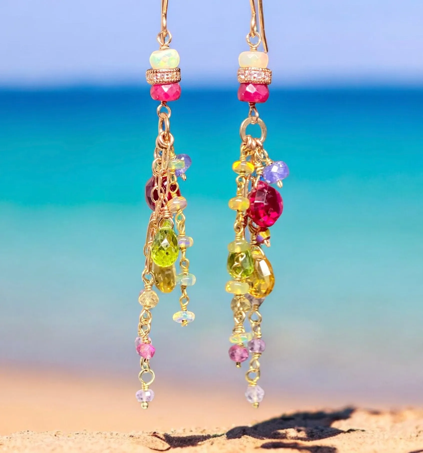Multi-color Gemstone Long Chain Dangle Earrings Red Topaz Pink Sappire Citrine Opal Rose Gold