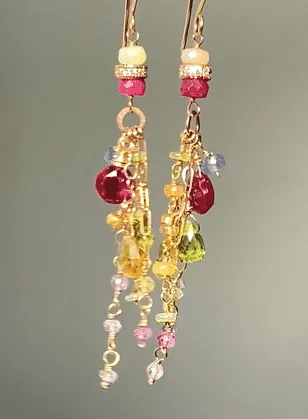 Multi-color Gemstone Long Chain Dangle Earrings Red Topaz Pink Sappire Citrine Opal Rose Gold