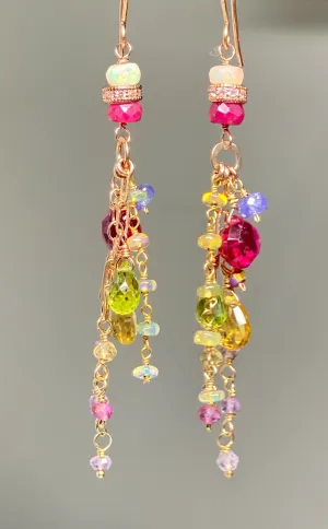 Multi-color Gemstone Long Chain Dangle Earrings Red Topaz Pink Sappire Citrine Opal Rose Gold