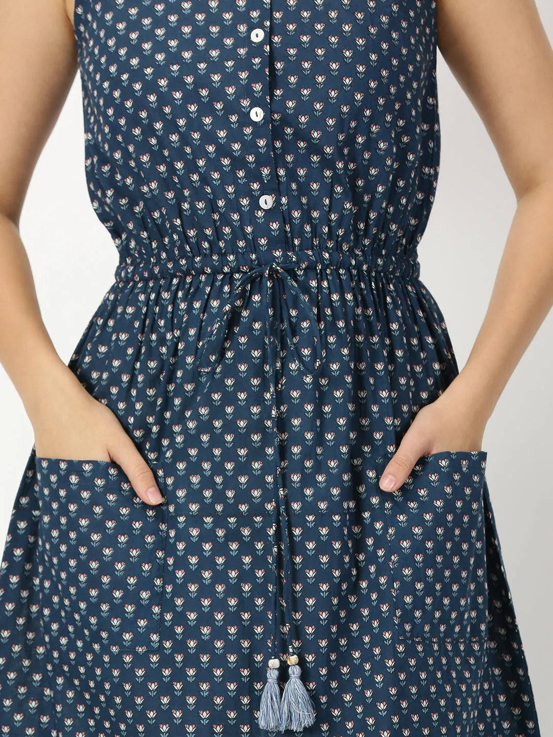 Navy Blue Lotus Print Midi Dress with Waist Tie-up