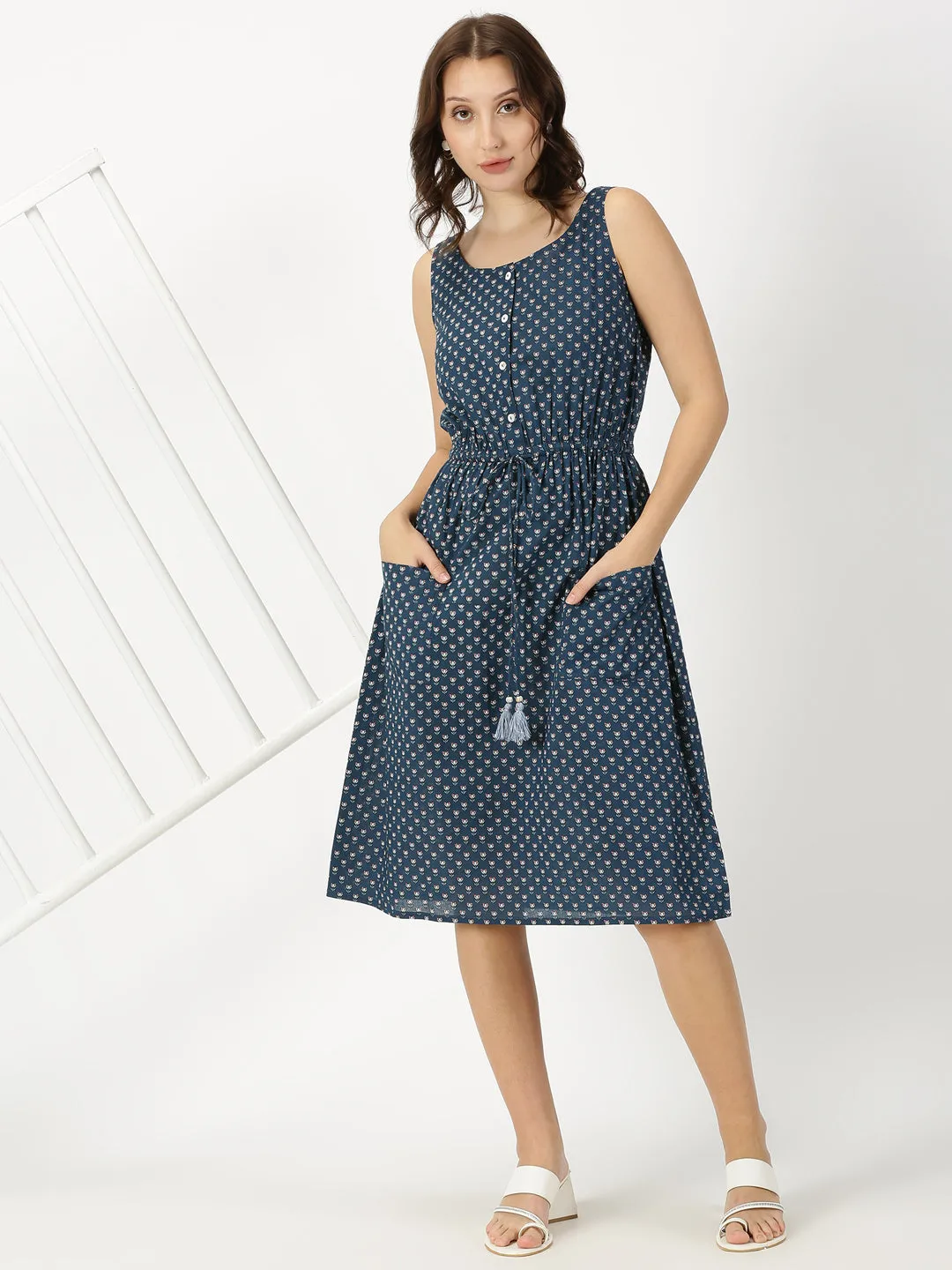 Navy Blue Lotus Print Midi Dress with Waist Tie-up