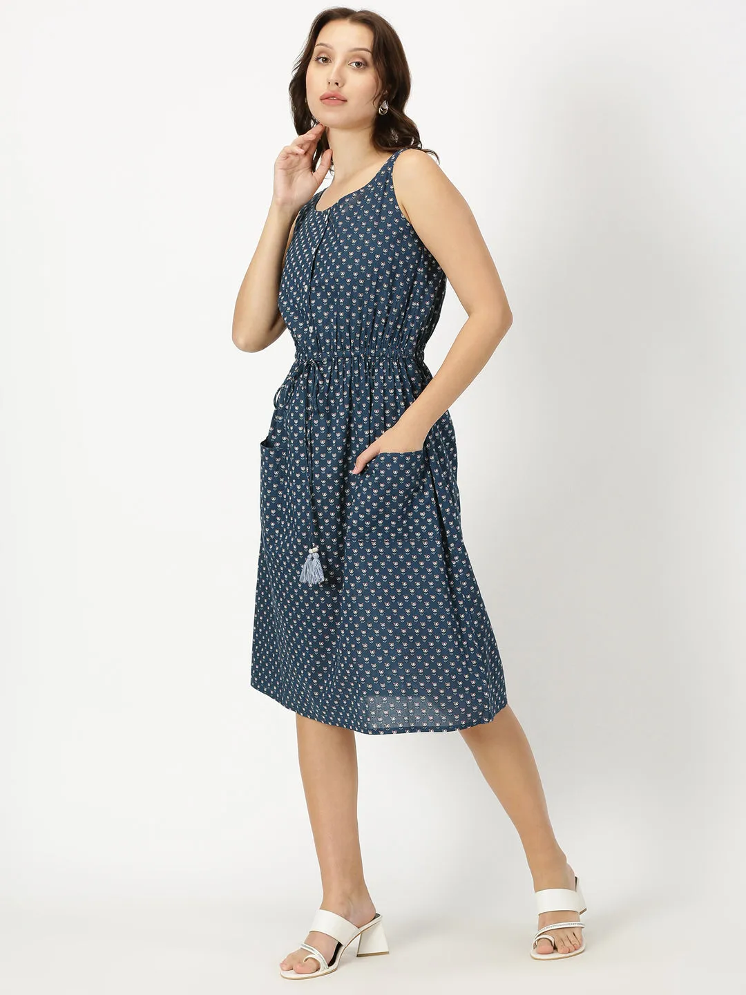 Navy Blue Lotus Print Midi Dress with Waist Tie-up