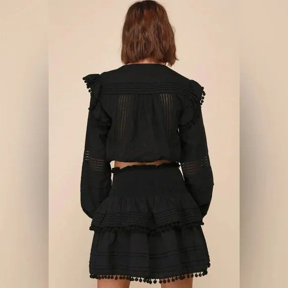 NEW w/tags (NWT) Lulus Unmistakable Black Tiered Smocked Pompom Trim Mini Skirt