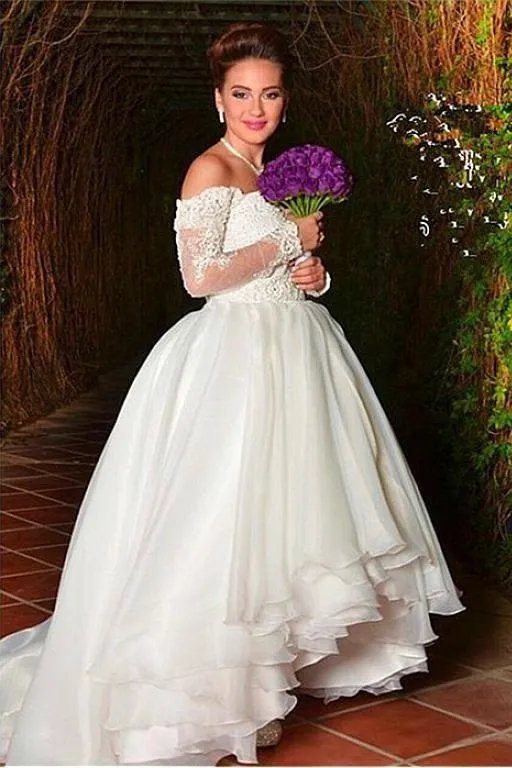 Off-the-shoulder Organza Wedding Dress with Lace Sleeves