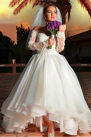 Off-the-shoulder Organza Wedding Dress with Lace Sleeves