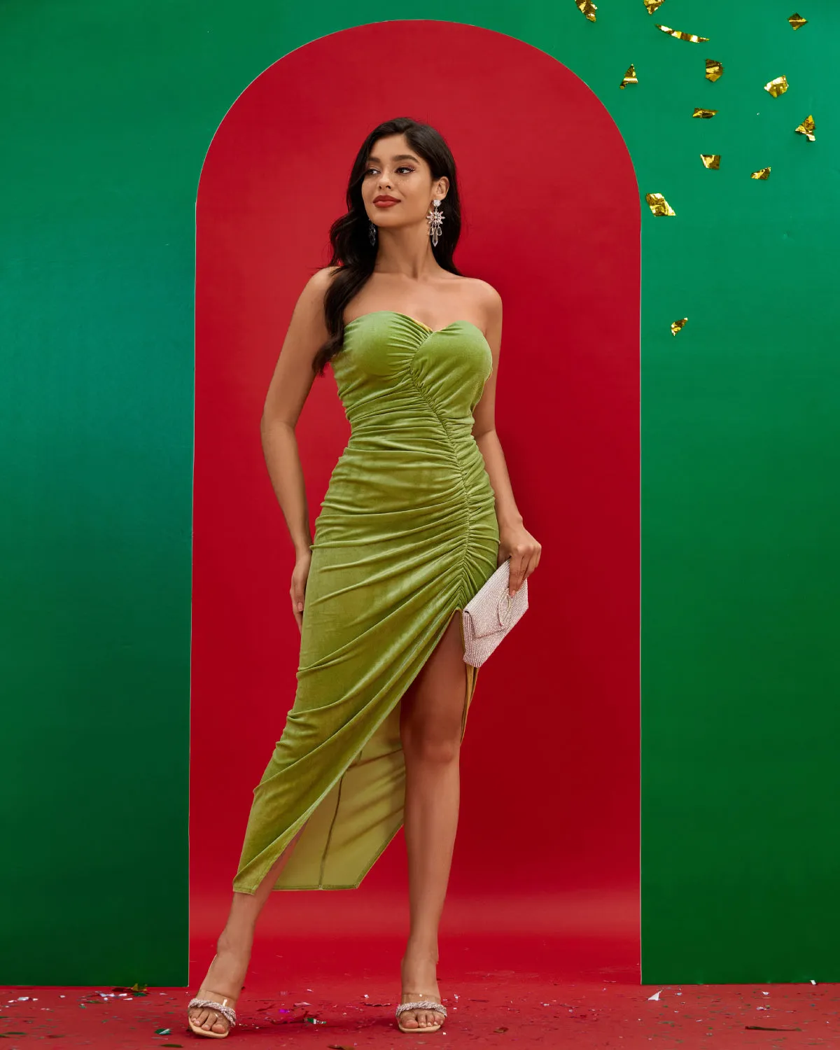 Olive Green Velvet Bustier Long Dress