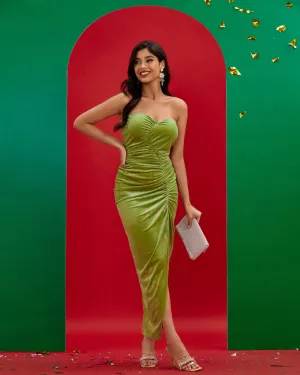Olive Green Velvet Bustier Long Dress