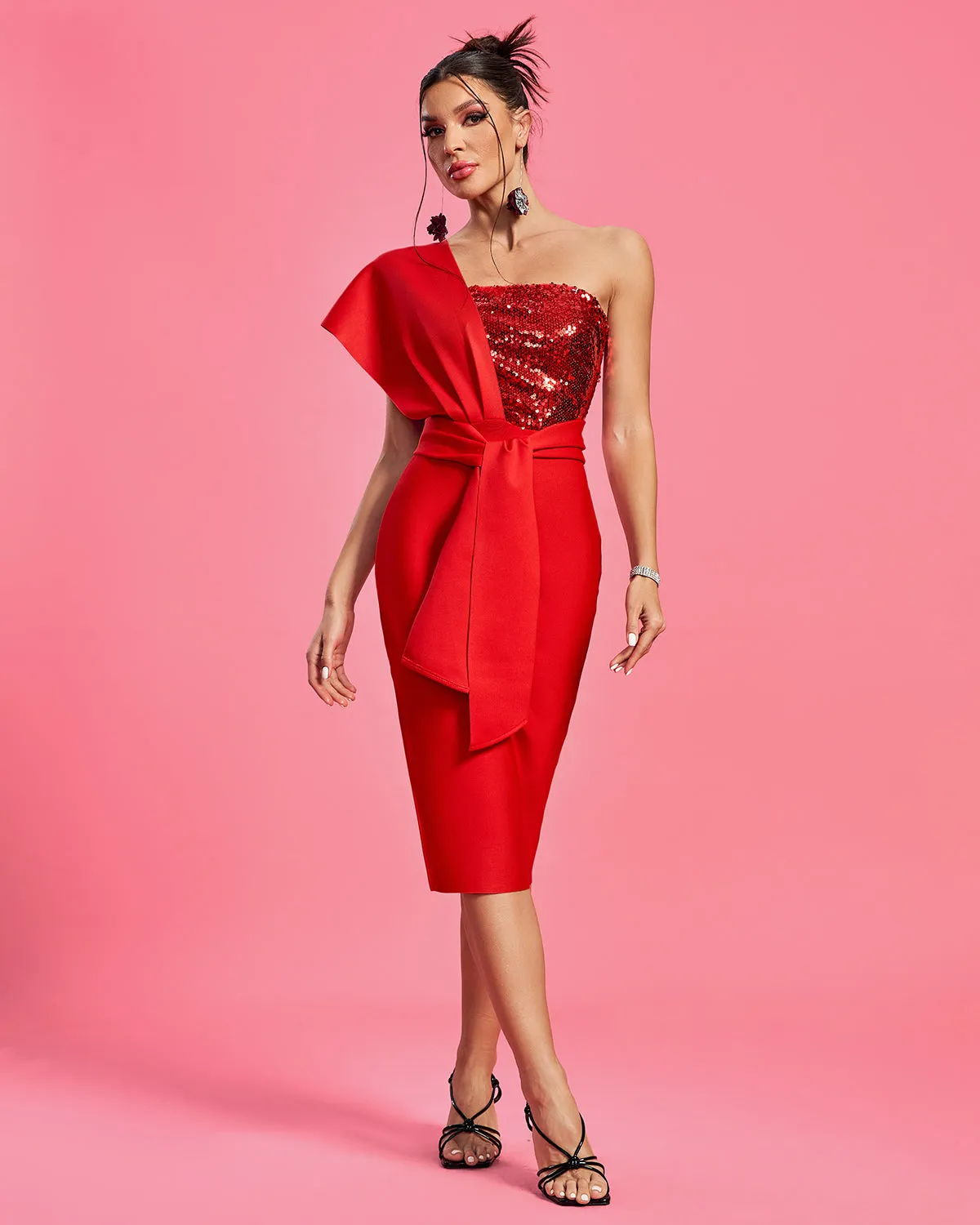 One Shoulder Sequins Midi Bandage Dress