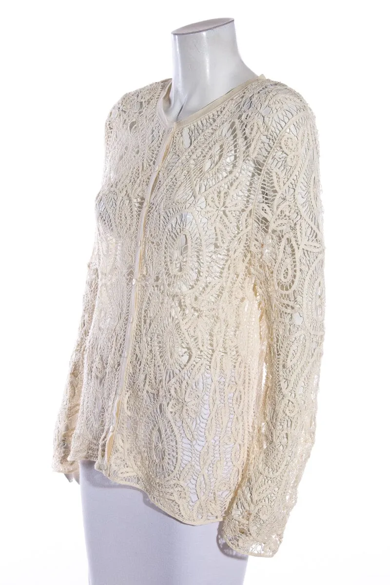 Oscar de la Renta Beige Vintage Long Sleeve Woven Button Up Top SZ L