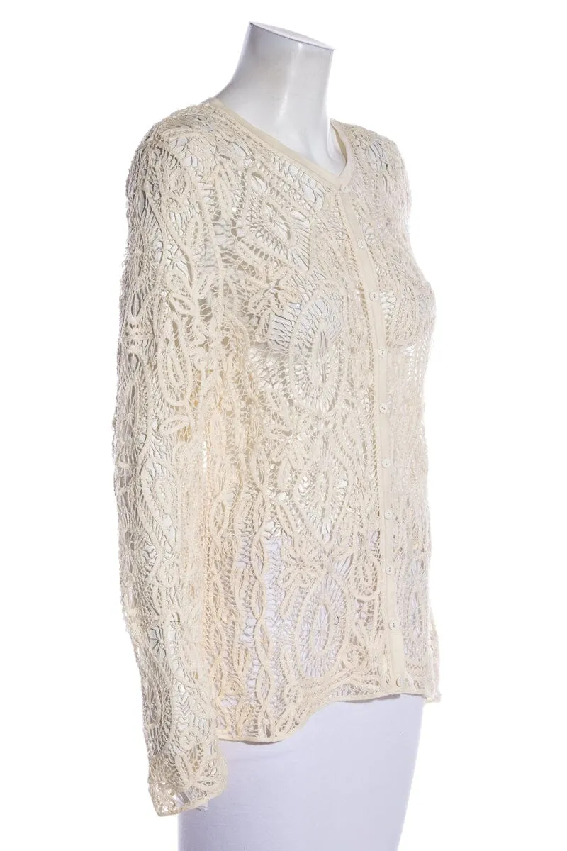 Oscar de la Renta Beige Vintage Long Sleeve Woven Button Up Top SZ L