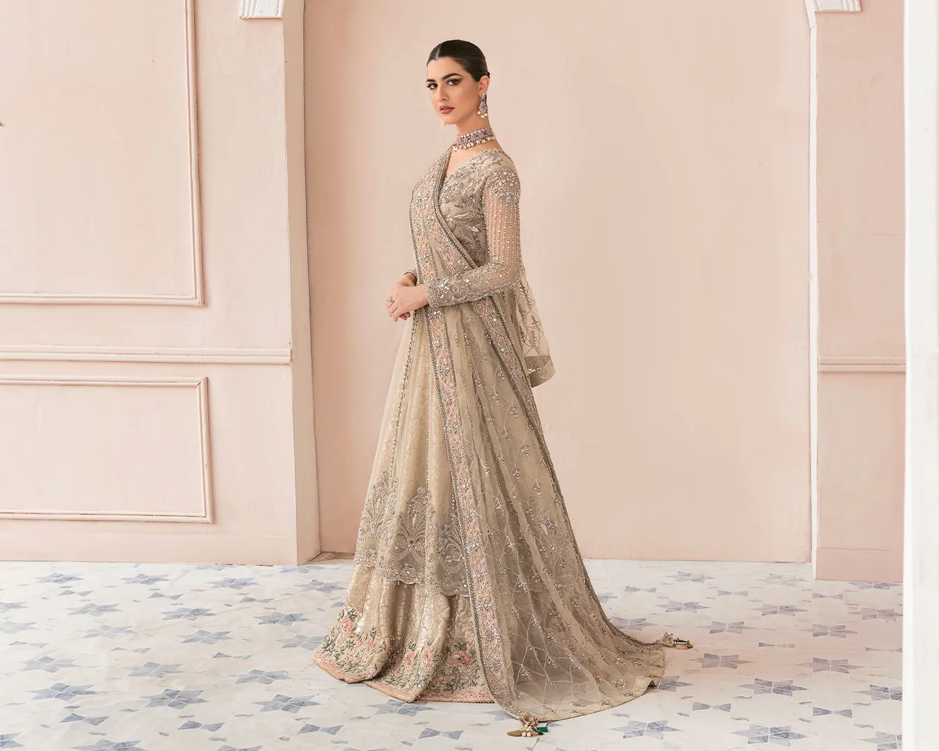 Pakistani Bridal Gown with Lehenga and Dupatta Dress