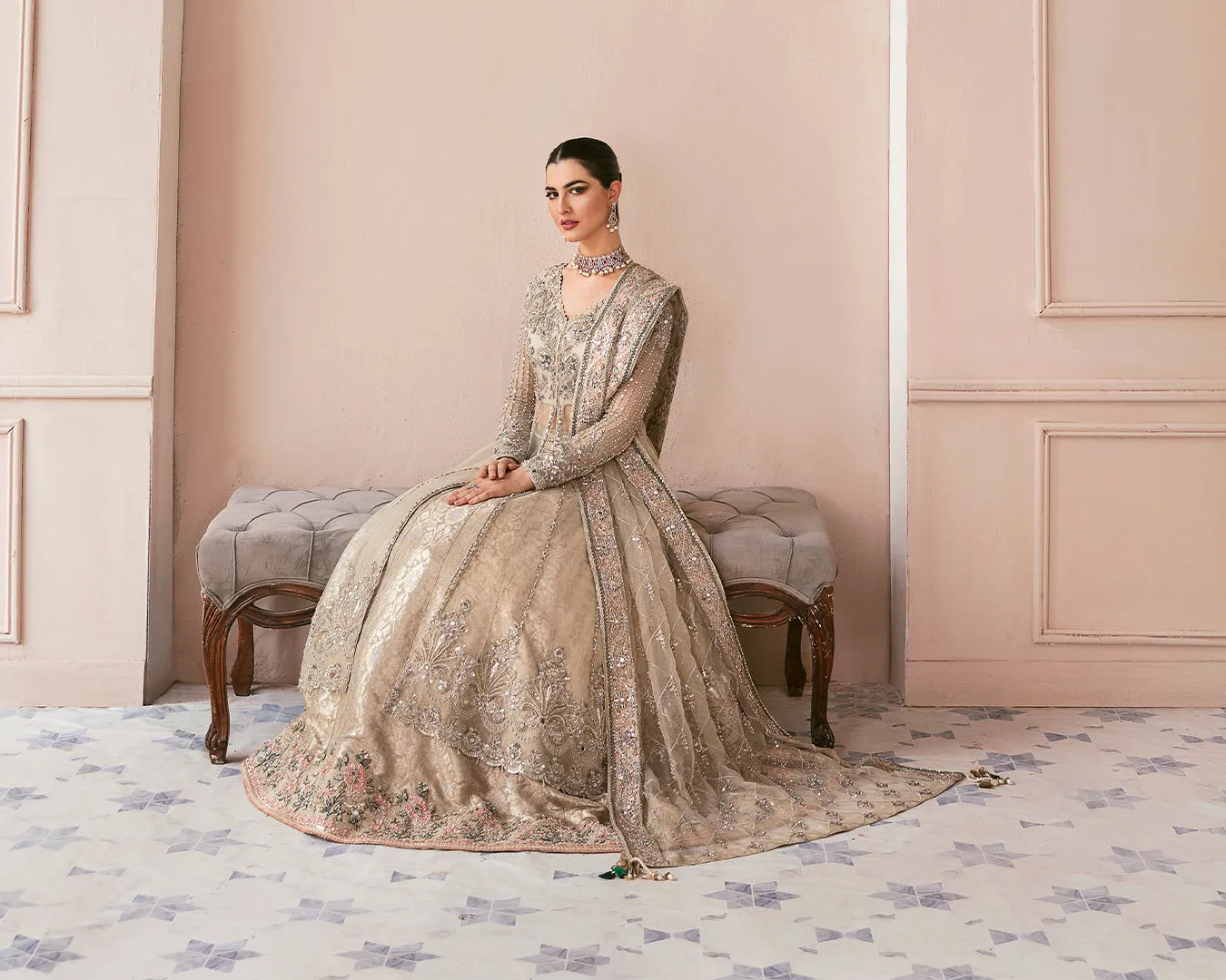 Pakistani Bridal Gown with Lehenga and Dupatta Dress