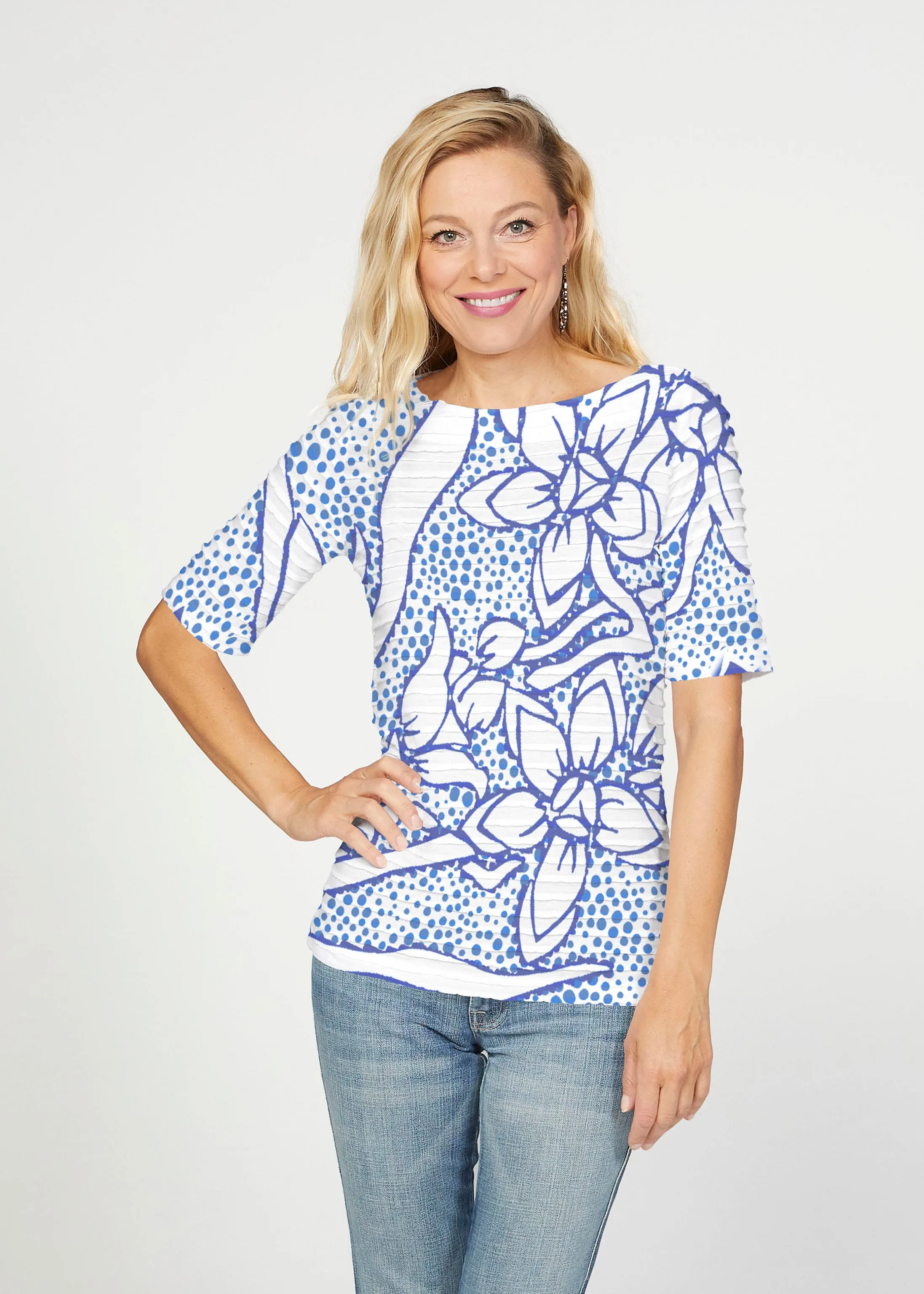 Polka Vine (8111) ~ Banded Elbow Sleeve Boat Neck Top