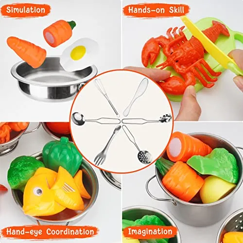 PRAJNASYS Kitchen Pretend Play Accessories Toys,Cooking Set with Stainless Steel Cookware Pots and Pans Set, Cooking Utensils, Apron & Chef Hat and Cutting Play Food Gifts for Kids Toddlers Boys Girls