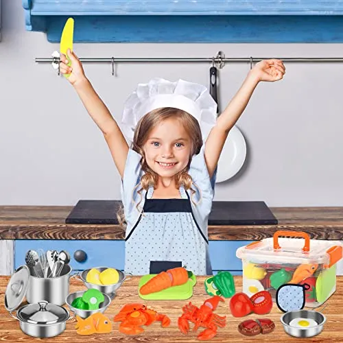 PRAJNASYS Kitchen Pretend Play Accessories Toys,Cooking Set with Stainless Steel Cookware Pots and Pans Set, Cooking Utensils, Apron & Chef Hat and Cutting Play Food Gifts for Kids Toddlers Boys Girls