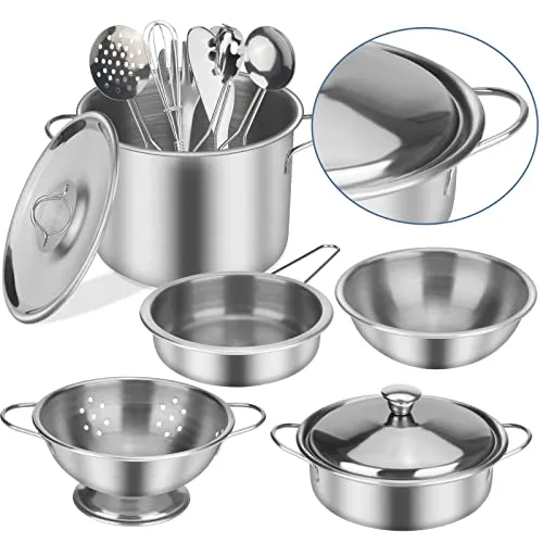 PRAJNASYS Kitchen Pretend Play Accessories Toys,Cooking Set with Stainless Steel Cookware Pots and Pans Set, Cooking Utensils, Apron & Chef Hat and Cutting Play Food Gifts for Kids Toddlers Boys Girls