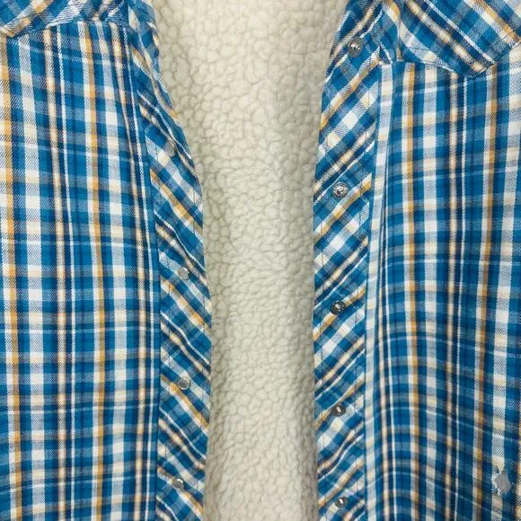 Prior Western Vintage Work Wear Shirt Plaid Faux Fur Lined  Pearl Snap 38 Women