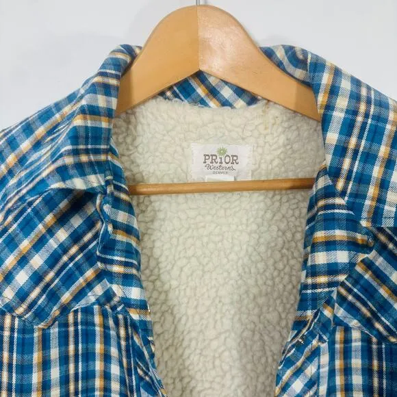 Prior Western Vintage Work Wear Shirt Plaid Faux Fur Lined  Pearl Snap 38 Women