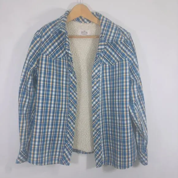 Prior Western Vintage Work Wear Shirt Plaid Faux Fur Lined  Pearl Snap 38 Women