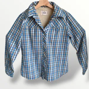 Prior Western Vintage Work Wear Shirt Plaid Faux Fur Lined  Pearl Snap 38 Women