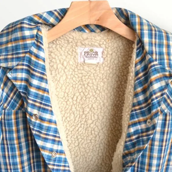 Prior Western Vintage Work Wear Shirt Plaid Faux Fur Lined  Pearl Snap 38 Women