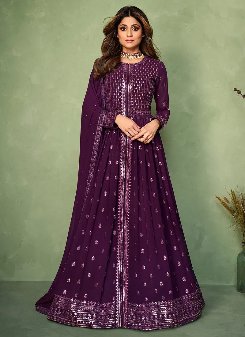 Purple Sequence Embroidered Slit Style Anarkali Lehenga Suit