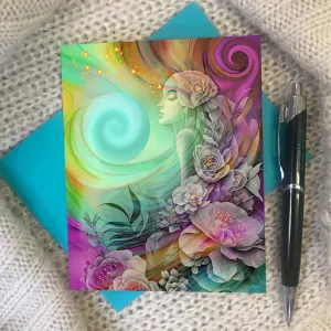 Rainbow Goddess Art Greeting Card, Colorful Floral Art Notecard - "Flower Child"