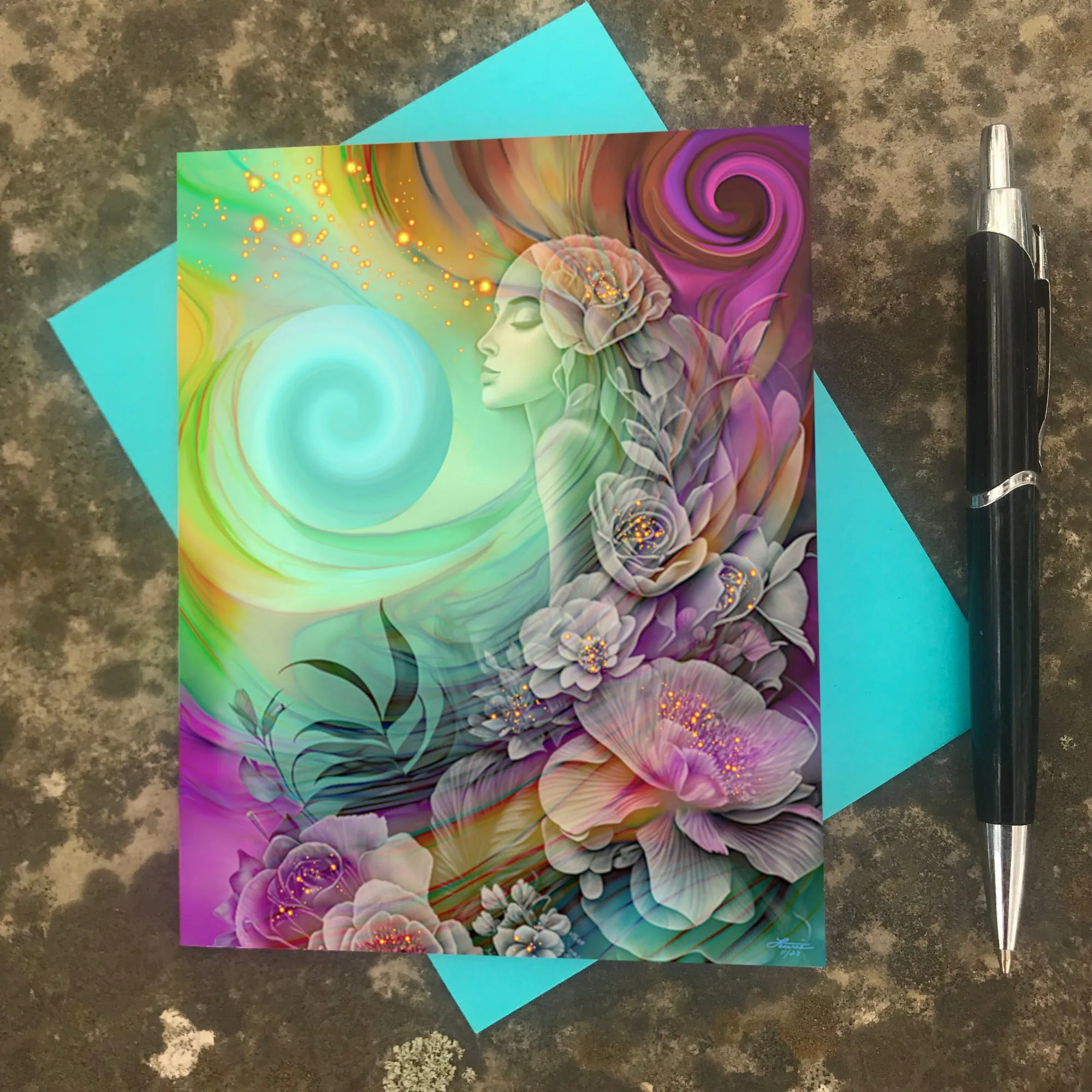 Rainbow Goddess Art Greeting Card, Colorful Floral Art Notecard - "Flower Child"