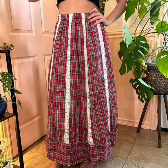 RARE Vintage 70s Mr. Hank Plaid Prairie Maxi Skirt Patchwork Lace Hippie Gypsy