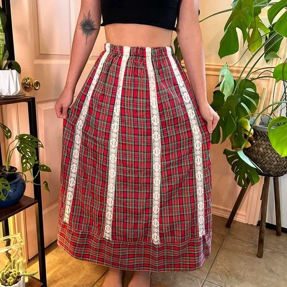 RARE Vintage 70s Mr. Hank Plaid Prairie Maxi Skirt Patchwork Lace Hippie Gypsy