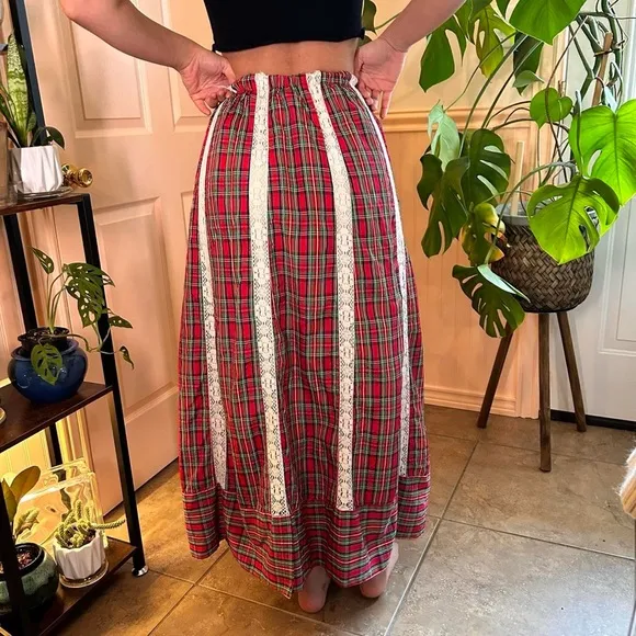 RARE Vintage 70s Mr. Hank Plaid Prairie Maxi Skirt Patchwork Lace Hippie Gypsy
