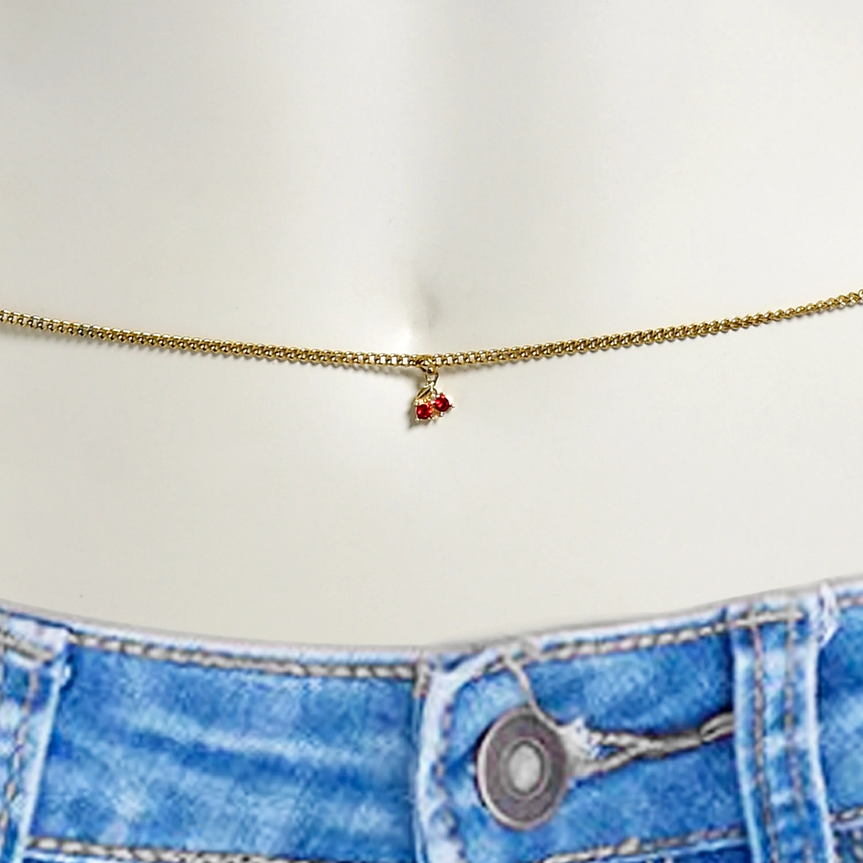 Red Gem Gold Tone Cherry Sweet Dangle Belly Chain