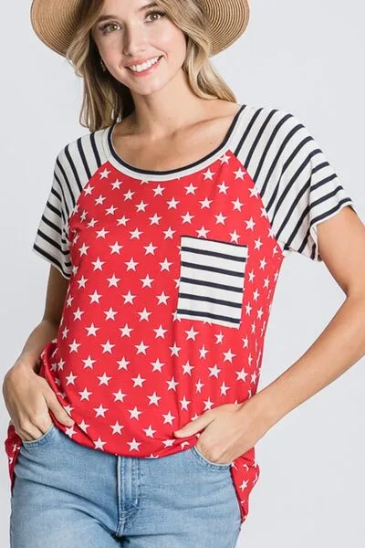 Red Size Star & Striped Round Neck Short Sleeve T-Shirt