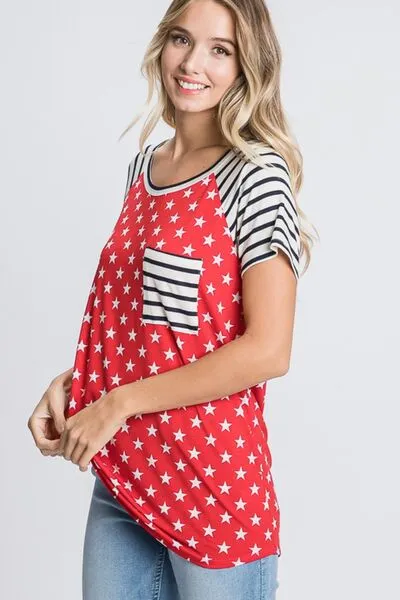 Red Size Star & Striped Round Neck Short Sleeve T-Shirt
