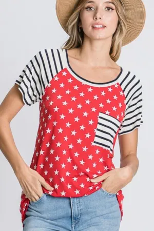 Red Size Star & Striped Round Neck Short Sleeve T-Shirt
