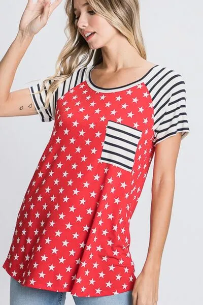 Red Size Star & Striped Round Neck Short Sleeve T-Shirt