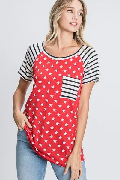 Red Size Star & Striped Round Neck Short Sleeve T-Shirt