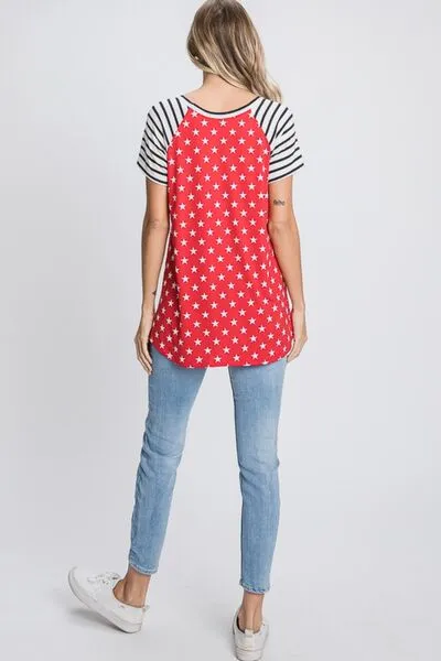 Red Size Star & Striped Round Neck Short Sleeve T-Shirt