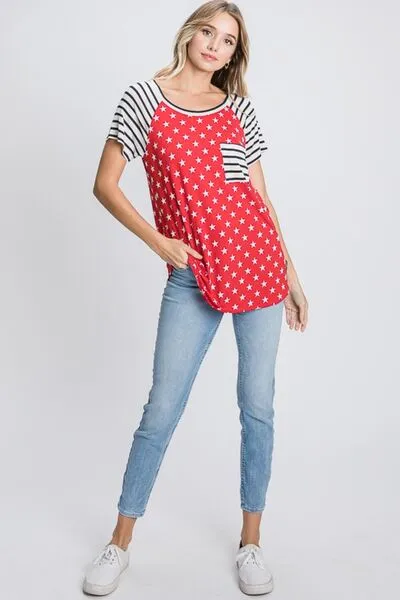 Red Size Star & Striped Round Neck Short Sleeve T-Shirt