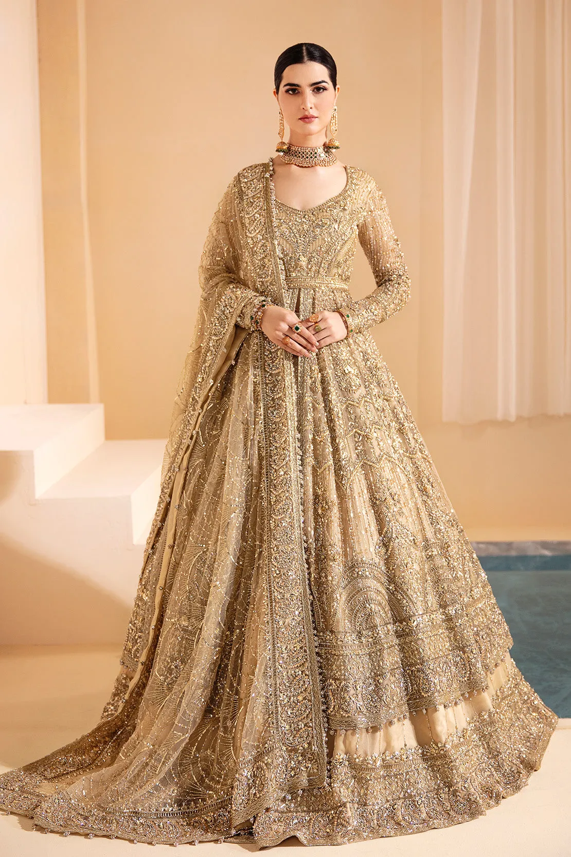 Royal Golden Bridal Lehenga Frock and Dupatta Dress