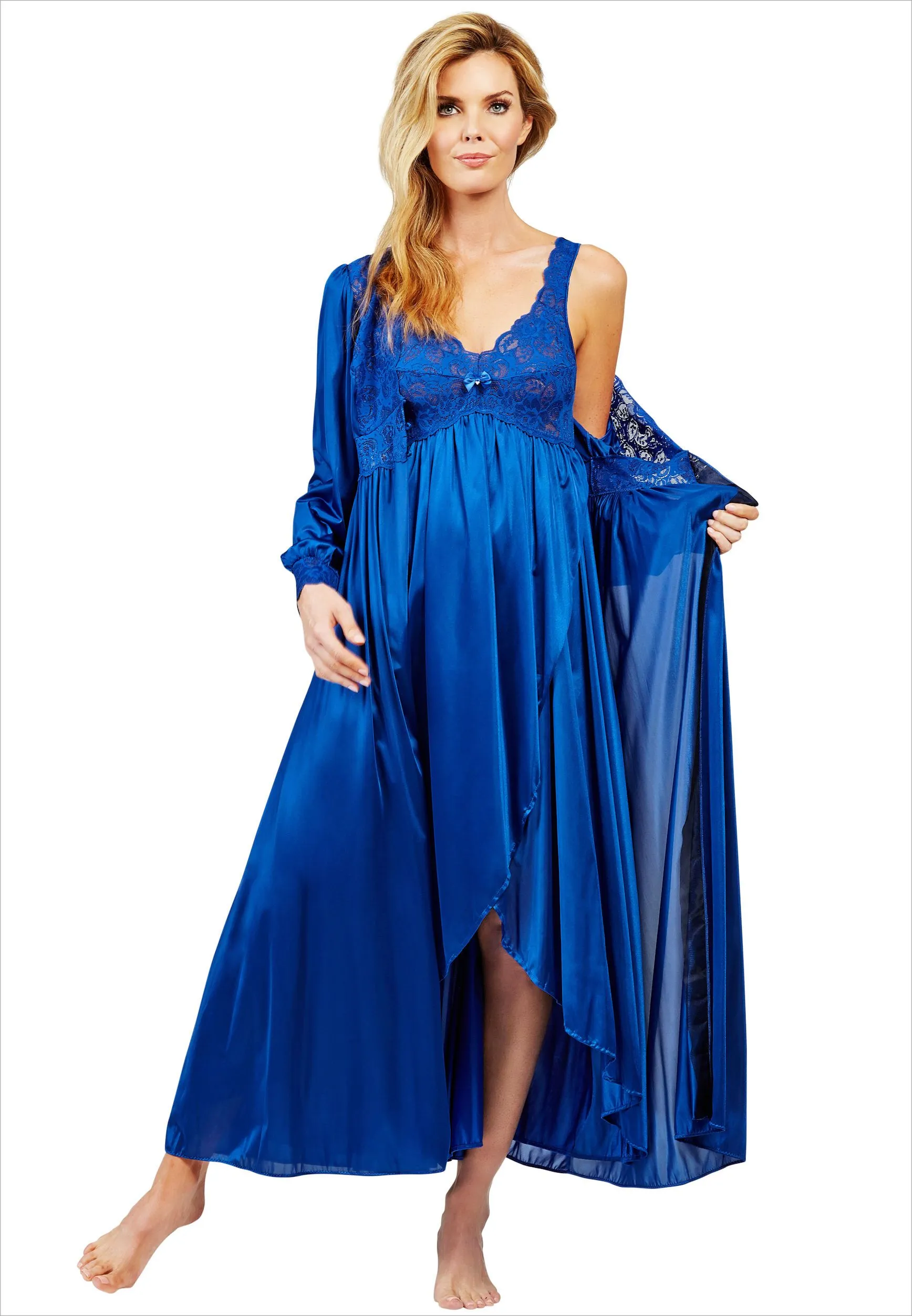 Shadowline Robe and Nightgown Nylon Two Piece Set Silhouette Tulip Hemline Gown